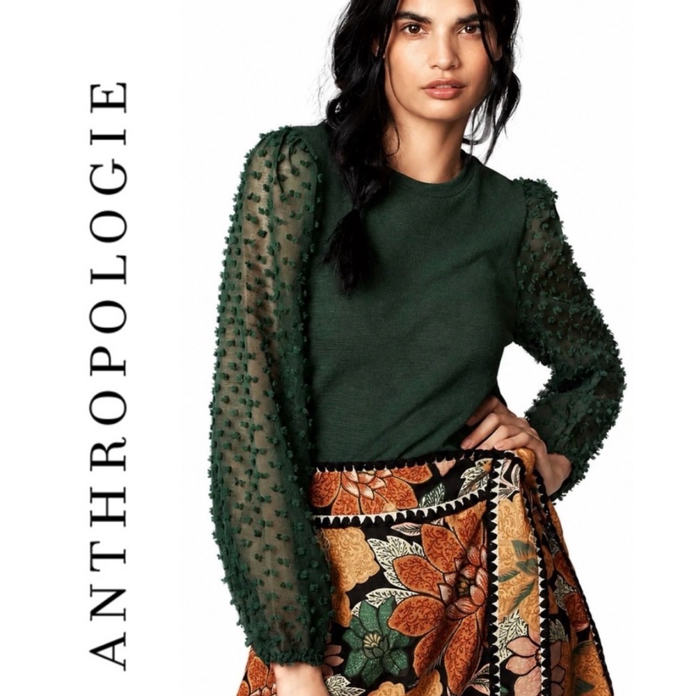 Anthropologie Maeve Dark Forest Green Puff-Sleeve Sheer Sweater /S/